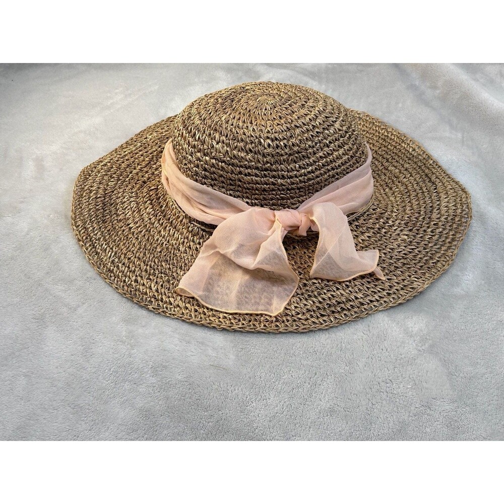J Hats Women's Straw Wide Brim Sun Hat with Peach Ribbon Bow
